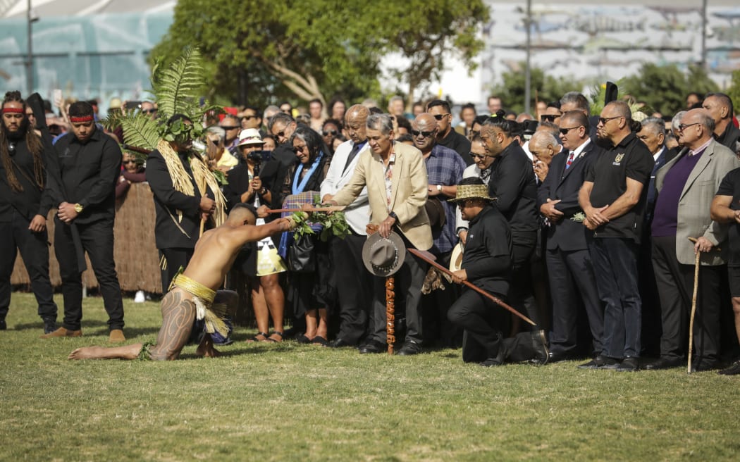 Kiingi Tuheitia at the Powhiri for Te Matatini at Waitangi Park.