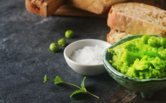 Bread, mashed green peas and mint.