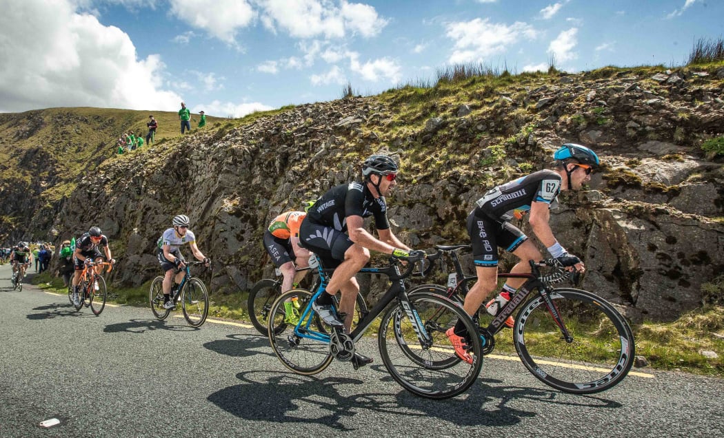Hayden Roulston (second from right) during a hill climb on the third stage of the Tour of Ireland.