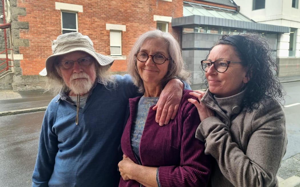 Dunedin climate activist Rosemary Penwarden (middle) after being sentenced to 125 hours of community services at the Dunedin District Court.