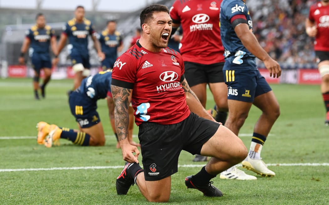 Codie Taylor celebrates a try, 
Highanders v Crusaders, Super Rugby Aotearoa. Forsyth Barr Stadium, Dunedin. New Zealand. Friday 26 February 2021. Â© Copyright Photo: Andrew Cornaga / www.photosport.nz