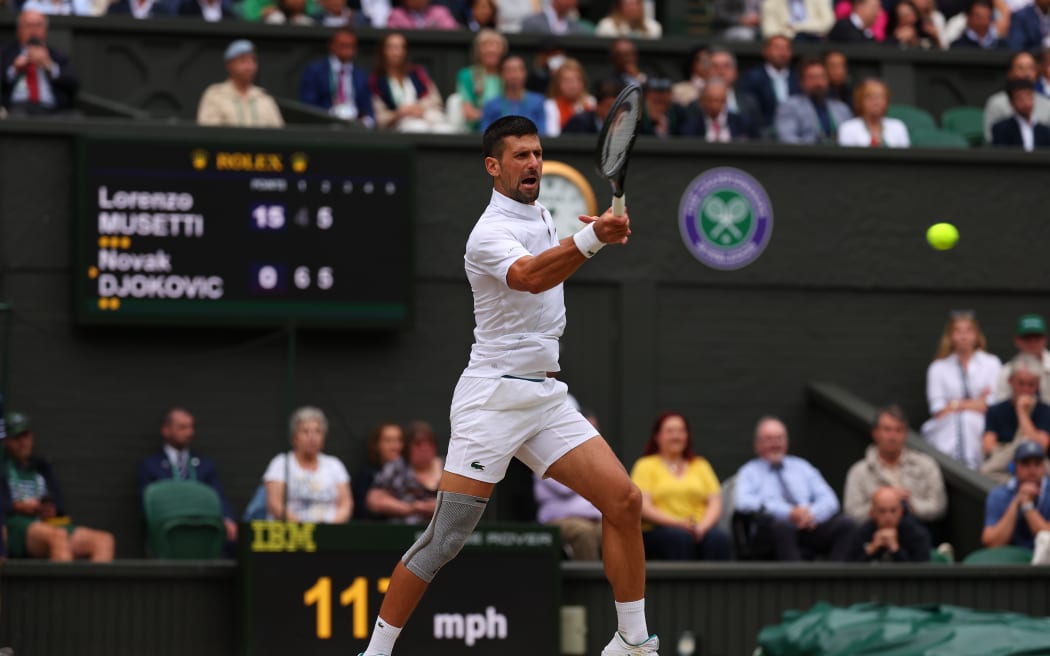 12th July 2024; All England Lawn Tennis and Croquet Club, London, England; Wimbledon Tennis Tournament, Day 12; Novak Djokovic (SRB) from the baseline against Lorenzo Musetti (ITA), Gentlemens Singles Semi Finals