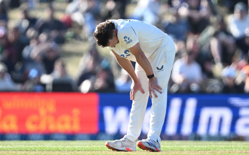 A dejected New Zealand bowler Nathan Smith after a chance to dismiss Ben Stokes is lost, first Test, Hagley Oval, 2024.