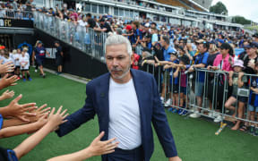 Auckland FC's head coach Steve Corica greets fans at Mt Smart Stadium for their A-League match against Western United FC, Saturday 21 December 2024.