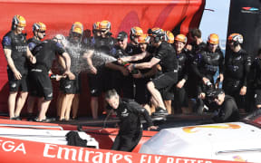 Team New Zealand celebrate winning the America's Cup, Race 10, Day 7 of the America's Cup presented by Prada.