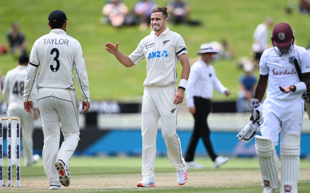 Tim Southee and Ross Taylor after Taylor dropped a chance to dismiss Jermaine Blackwood off the bowling of Southee. New Zealand Black Caps v West Indies, Day 4 of the 1st international cricket test at Seddon Park, Hamilton, New Zealand.