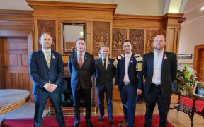 Bravery awards for Whakaari helicopter pilots  - From left: Graeme Hopcroft, Mark Law, Tim Barrow, Tom Storey, Jason Hill