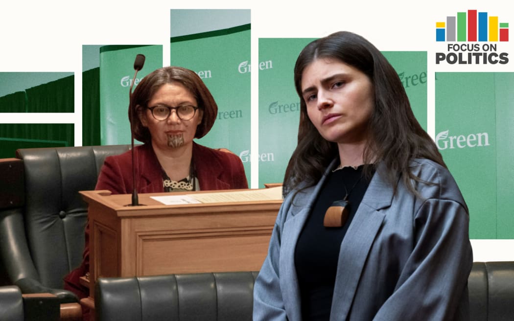 Focus on Politics: Composite of Chlöe Swarbrick and Darleen Tana with Green party logo backdrop