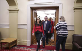 Jacinda Ardern and Kelvin Davis walking to media conference at Parliament after Little stands down.