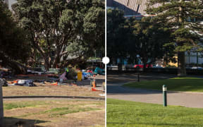 A before and after montage of damage done during the anti-mandate protest at Parliament grounds.