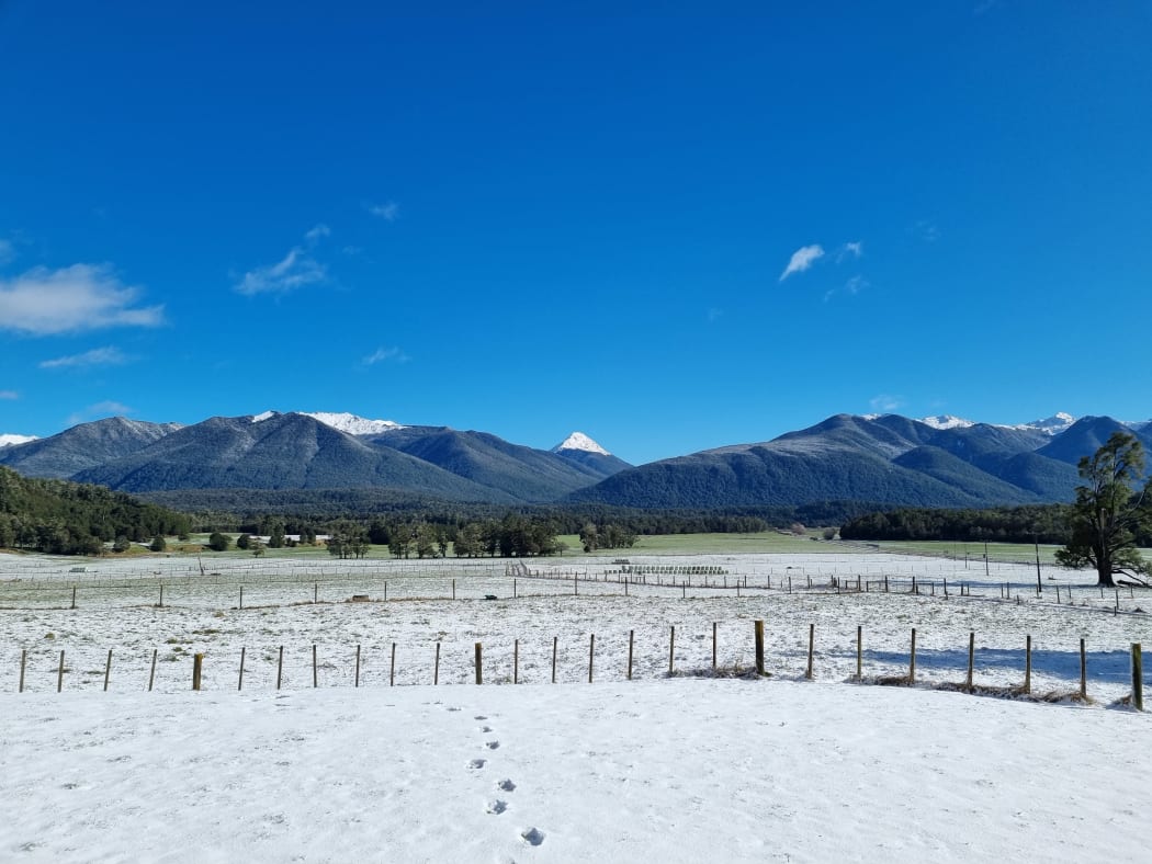 Snow at Lewis Pass, viewed from Lewis Pass Motels, 9 August 2021.