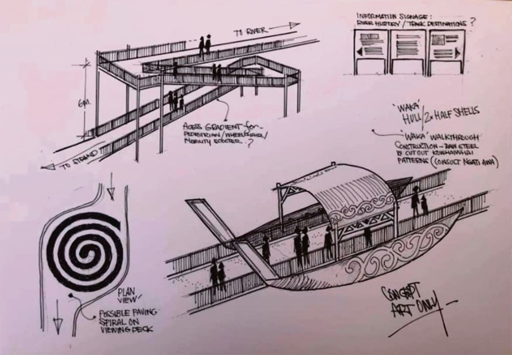 Community members submitted this design to the Whakatāne Online Retailers page for a Whakaari memorial bridge to take pedestrians from The Strand above the Kakahoroa Drive carpark and down to the river.