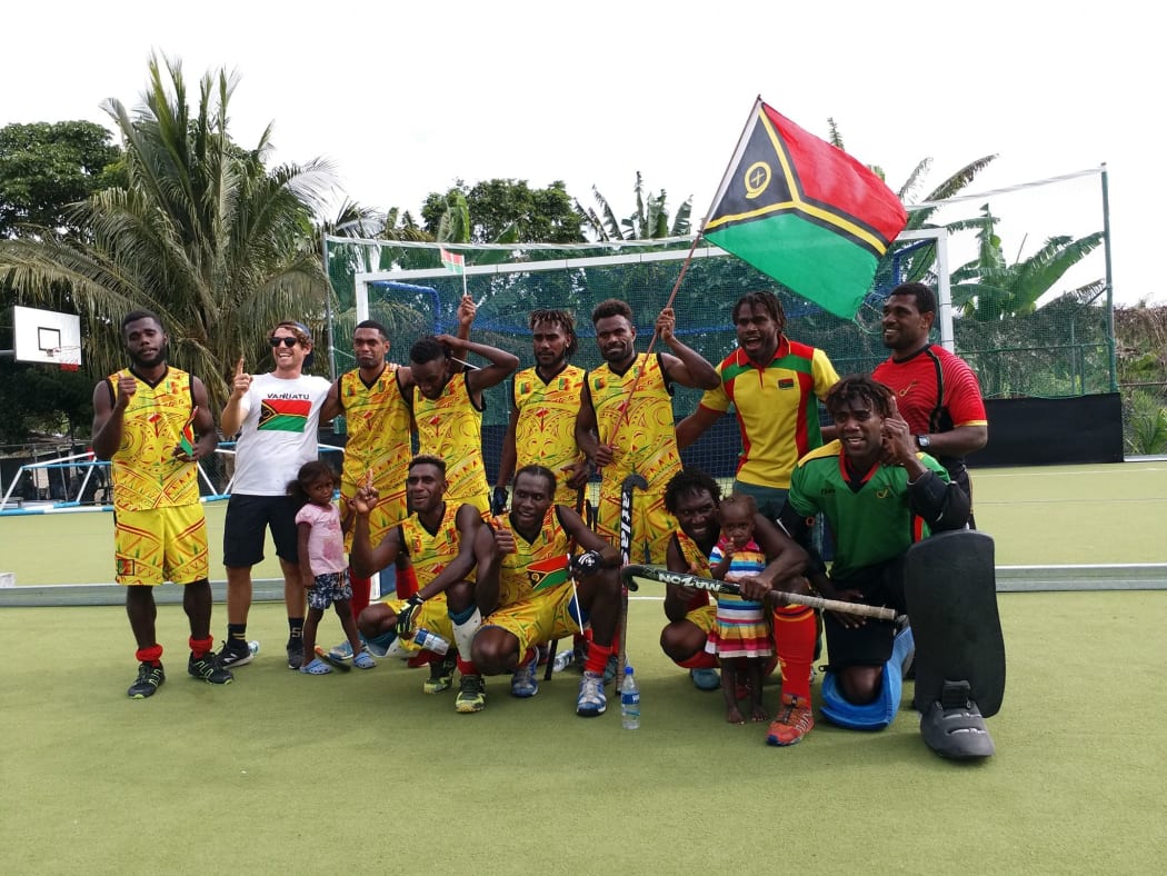 Vanuatu celebrate beating Fiji to win the World Series Round 1 tournament in Port Vila.