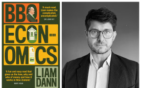 composite of Liam Dann and the cover of his book "BBQ Economics"