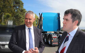 Tukituki MP Lawrence Yule (left) and National transport spokesman Chris Bishop beside State Highway 5, the Napier-Taupo Rd this morning.
