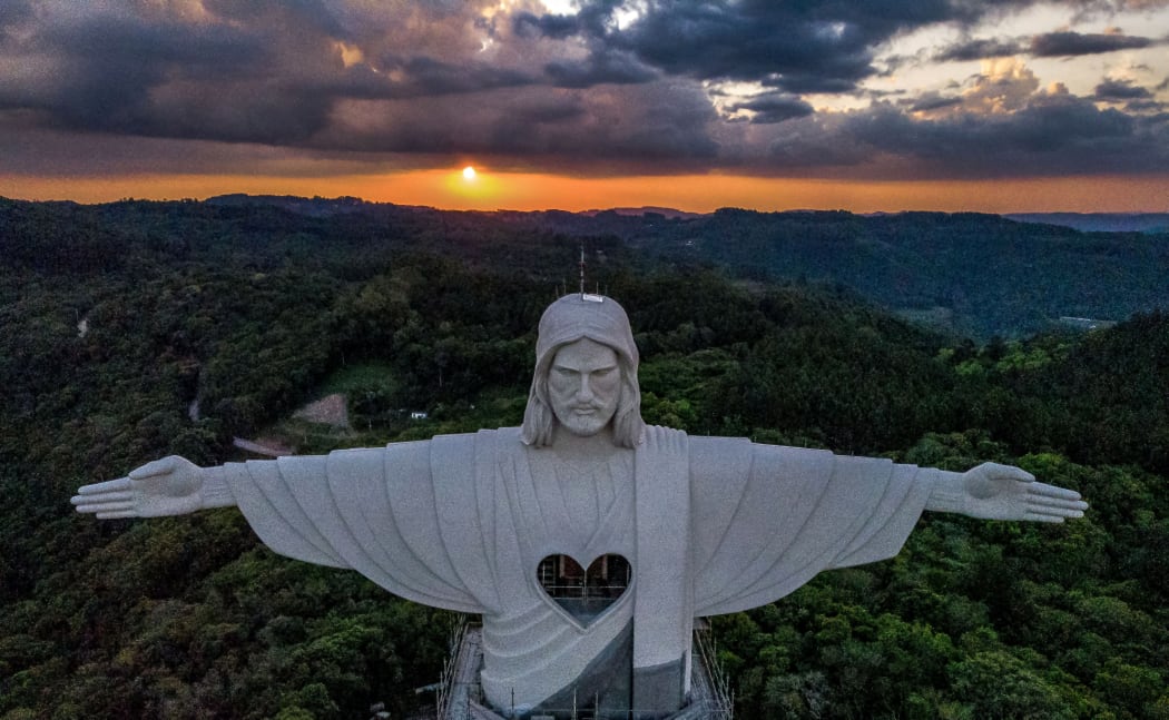 Christ the Protector statue under construction in Encantado, Rio Grande do Sul state, Brazil, on October 29, 2021. - The statue will be larger than Rio de Janeiro's Christ the Redeemer and the third-largest in the world.