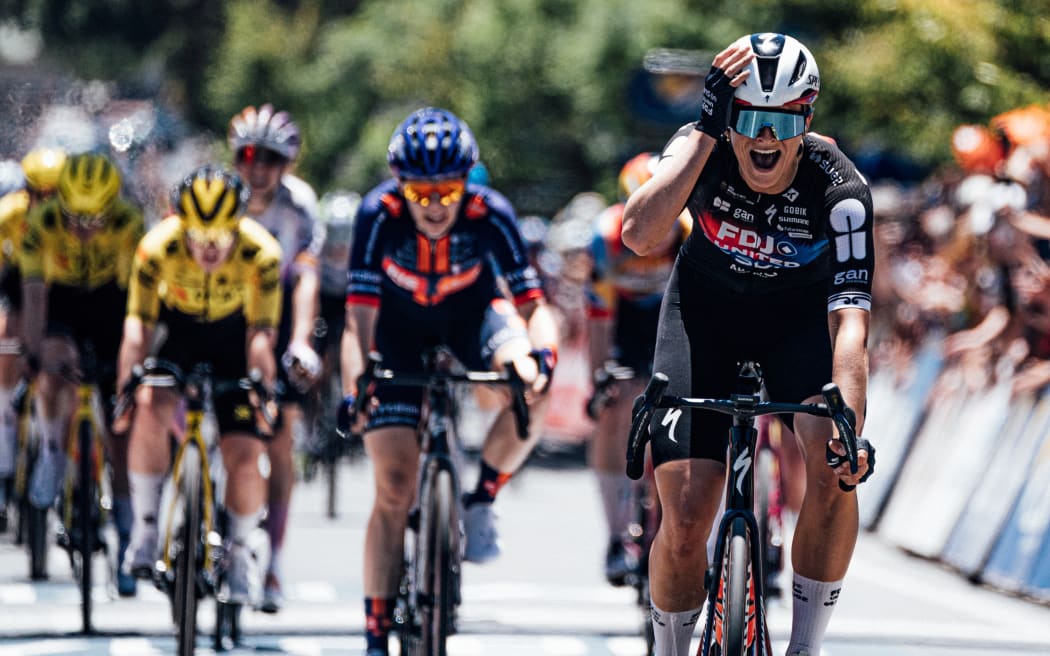 Ally Wollaston (R) after winning stage one of the Tour Down Under.