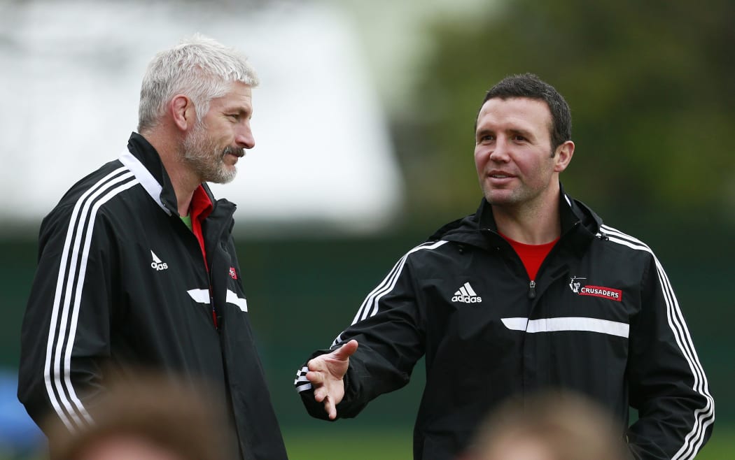 Crusaders coaches Todd Blackadder and Aaron Mauger.