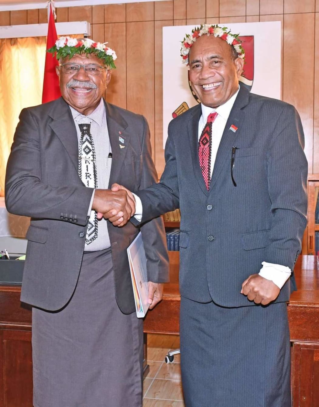 Fiji prime minister Sitiveni Rabuka, left, with Kiribati President Taneti Maamau