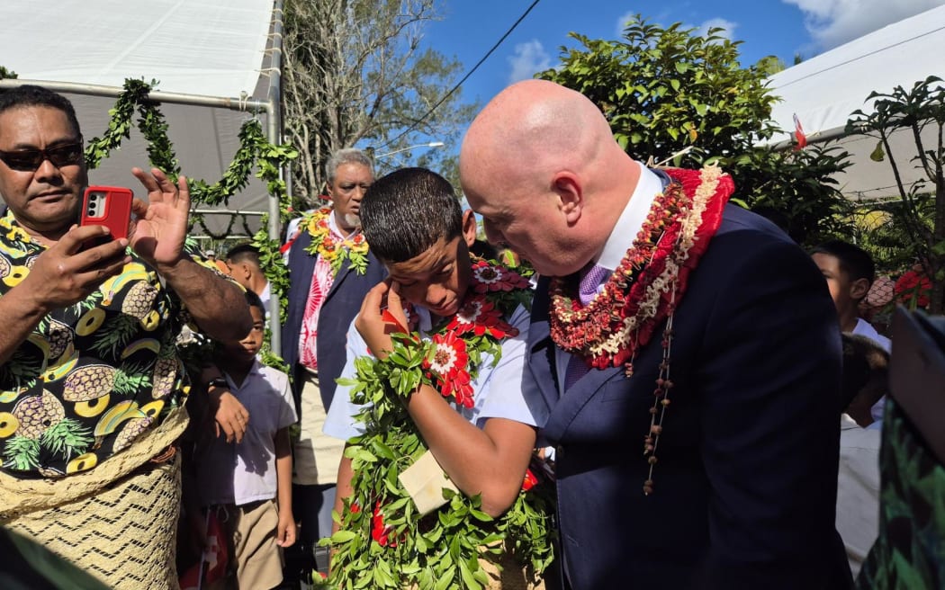 Prime Minister Christopher Luxon with a deaf Tongan boy, who become overwhelmed with emotion on 30 August, 2024, after the PM attended the Pacific Islands Forum leaders' retreat. The NZ government is also providing NZ$6.3 million to support deaf learners in Fiji, Vanuatu, Niue, Cook Islands and Tonga.