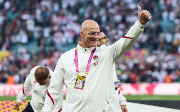 England's Head Coach John Mitchell celebrates after the women's Rugby World Cup final victory, 2025.