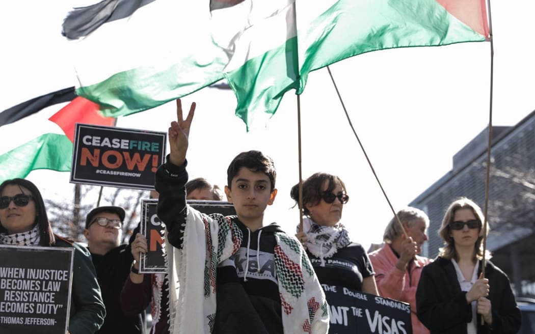 Protesters outside the National Party conference on Sunday, 19 May, 2024.