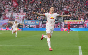 Benjamin Sesko after scoring a goal for RB Leipzig.