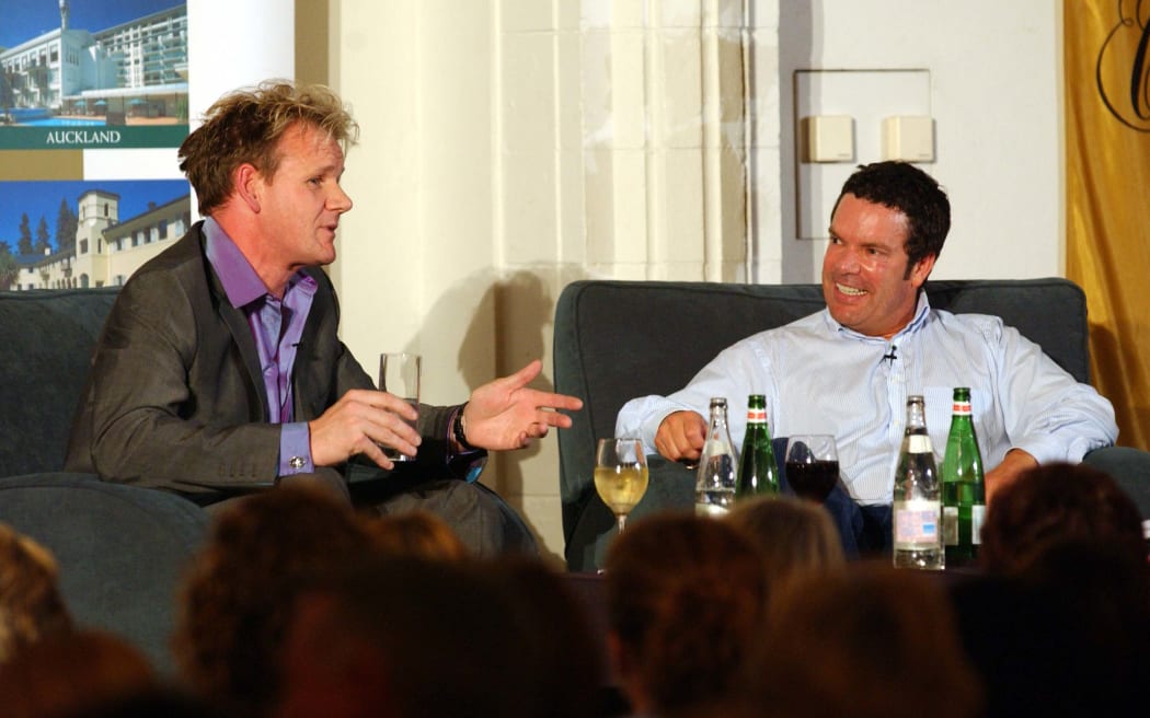AUCKLAND, NEW ZEALAND - SEPTEMBER 15:  London based celebrity chef Gordon Ramsey with Christchurch chef Michael Lee RIchards during a cocktail evening with guests to promote his new book "Gordon Ramsey Secrets" at the Heritage Hotel, Monday.  (Photo by Phil Walter/Getty Images)