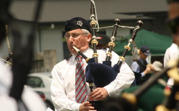 Iain Blakeley, President of the Royal New Zealand Pipe Band Association, playing the Highland Pipes