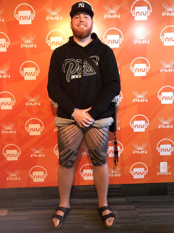 So'omalo Iteni Schwalger from Niu FM showcasing his pe'a he got done in Samoa.