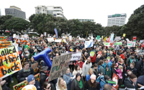 The teachers' strike march reaches Parliament.