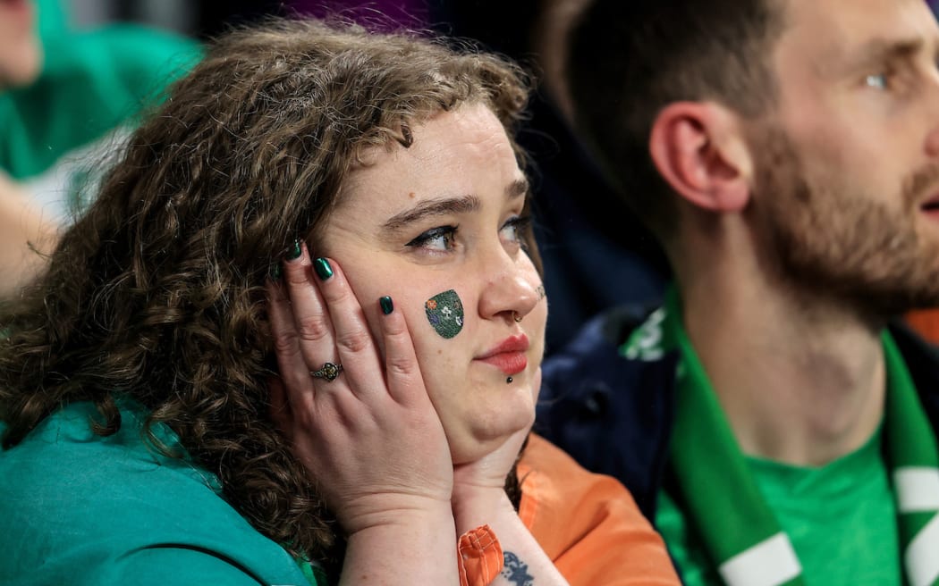 Concern showing for Irish fans, during the Rugby World Cup France 2023, Ireland v New Zealand All Blacks Quarter Final match at Stade de France, Saint-Denis, France on Saturday 14 October 2023.