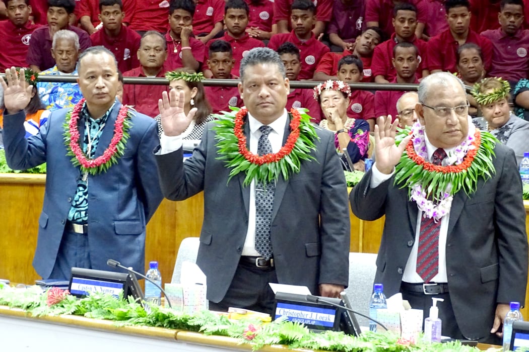 Marshall Islands Foreign Minister Casten Nemra [centre] taking the oath of office January 20