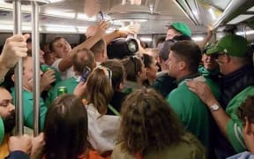 A crowded Paris metro before the All Blacks v Ireland Rugby World Cup match on 14 October 2023.