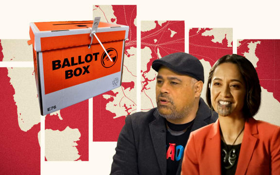 Composite of Peeni Henare and Orriini Kaipara, with Tamaki Makaurau map and ballot box.