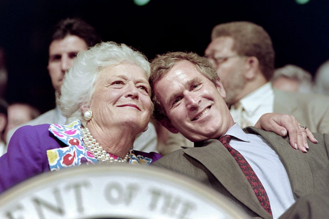 Barbara Bush and her son George W. Bush attend the 1992 Republican National Convention in Houston.