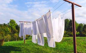 fresh clean white sheets drying on clothes line in outdoor, laundry, washing.