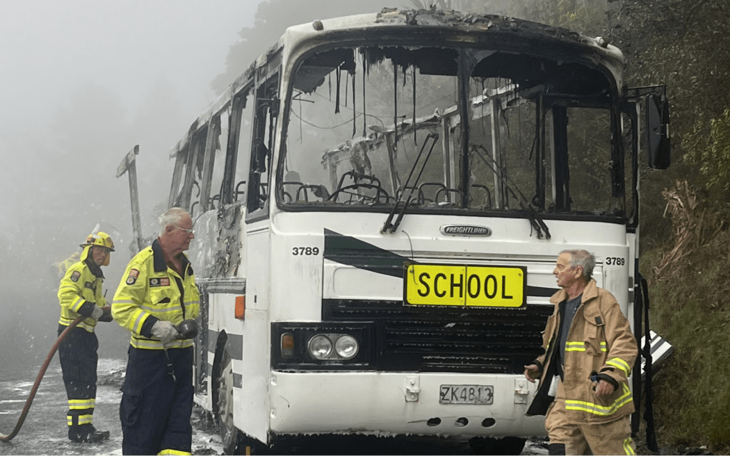 Emergency services have been attending a school bus fire near Leigh on 13 February on Pakiri Road just before 8.30am.
The bus has been extensively damaged by fire. Four children were on the bus at the time.