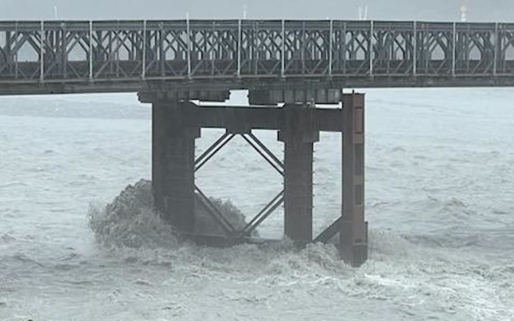 The Waiho Bailey Bridge near Franz Josef, with the Waiho River in flood, after heavy rains, on 9 November, 2024.