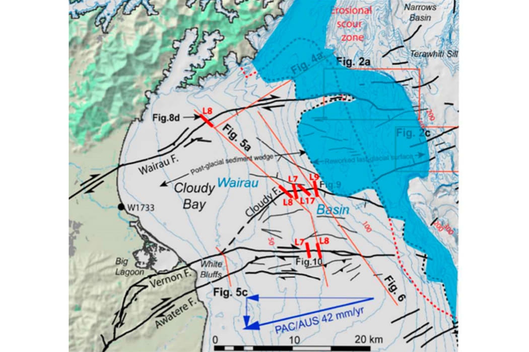Highlighted in blue is where Wairau Aquifer gravels are likely being exposed to the ocean.