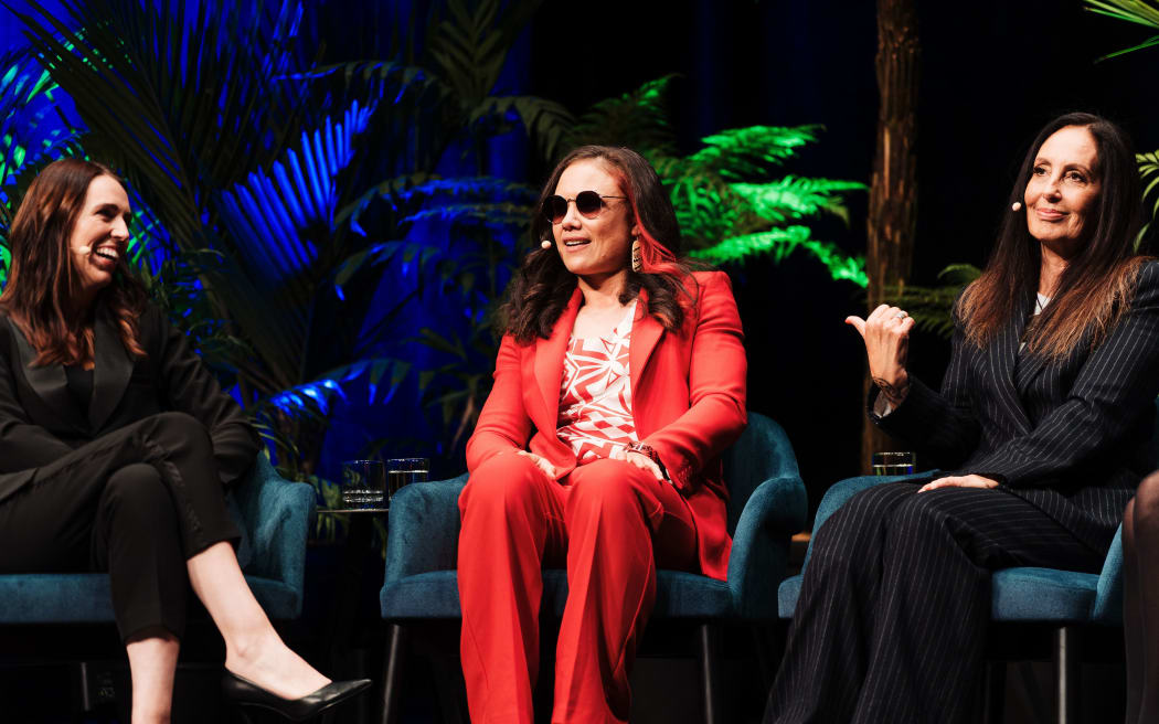 Jacinda Ardern, Ruby Tui and Moana Maniapoto at a panel discussion of women's sports in Auckland on 14 August 2023.