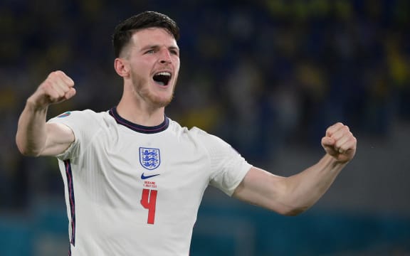 England midfielder Declan Rice celebrates after their Euro 2020 quarterfinal win in Rome.