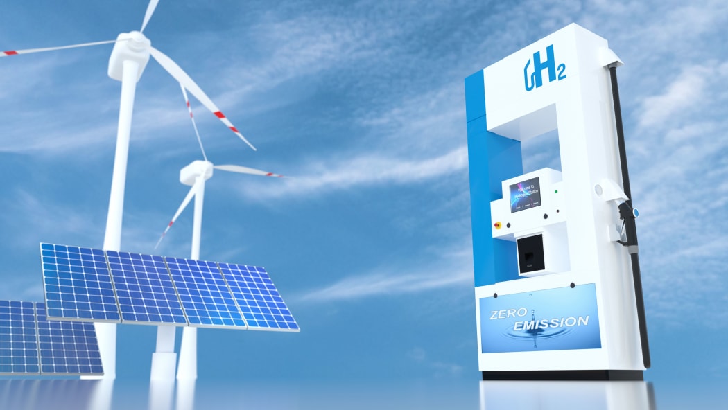 hydrogen logo on gas stations fuel dispenser. h2 combustion Truck engine for emission free ecofriendly transport. 3d rendering
