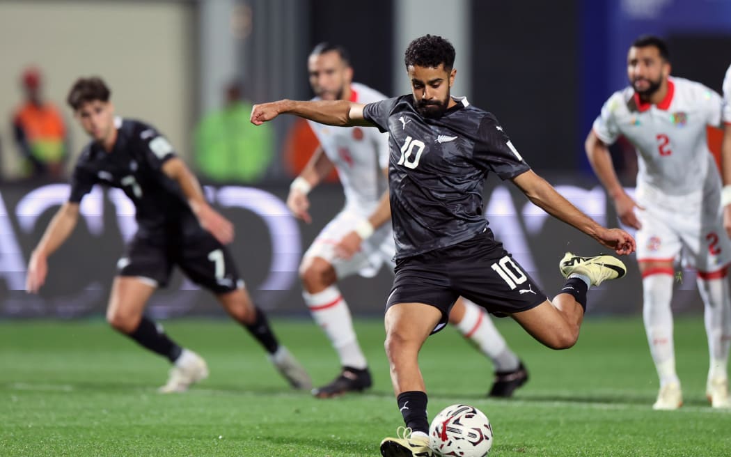 Sarpreet Singh of New Zealand takes a penalty kick in the game against Tunisia, Egypt, 2024.