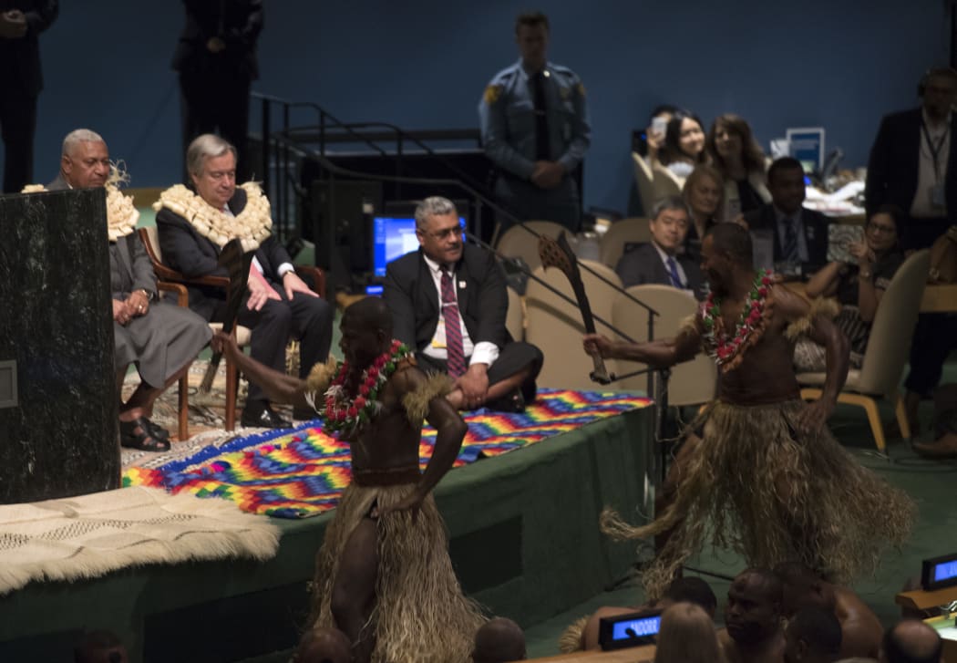 Fiji's Prime Minister Frank Bainmarama and United Nations Secretary General António Guterres take part in the Fijian Traditional Welcome Kava Ceremony to open the Ocean Conference June 5, 2017 at the United Nations in New York.