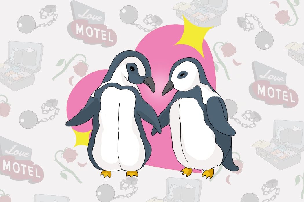 Two penguins hold flippers in front of a love heart, representing monogamous, long-term commitment. In the background are images suggesting things might not be so rosy - a motel sign, a packed suitcase, a ball and chain.