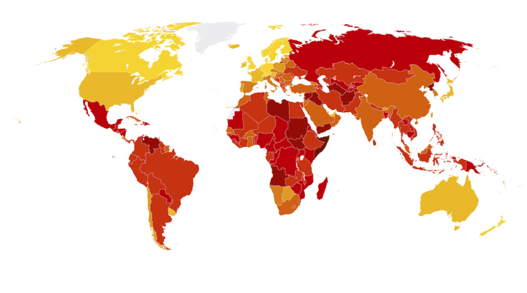 Corruption in the world. Yellow for the least corruption, darker red for most corruption.