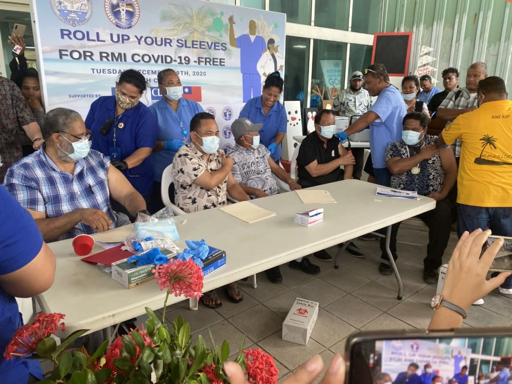 The first to receive the Moderna brand Covid vaccines, from left: High Court Chief Justice Carl Ingram, Speaker Kenneth Kedi, Chairman Council of Irooj (Chiefs) Iroojlaplap (Paramount Chief) Kotak Loeak, President of the United Church of Christ Rev. Palukne Johnny, and Health Minister Bruce Bilimon.