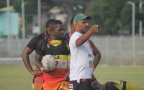 PNG Hunters coach Michael Marum gets his message across during training.