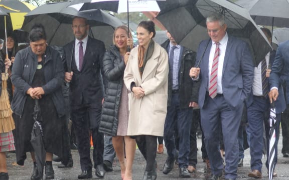 Prime Minister Jacinda Ardern, with Māori Development Minister Nanaia Mahuta, Treaty of Waitangi Negotiations Minister Andrew Little, and Māori Crown Relations Minister Kelvin Davis at Ōwae Marae.